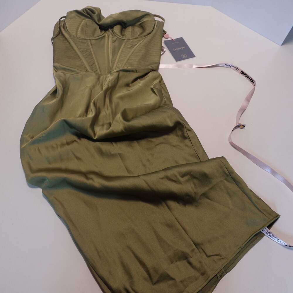 House of CB Myrna Olive Corset Satin Midi Dress New W/ Tags